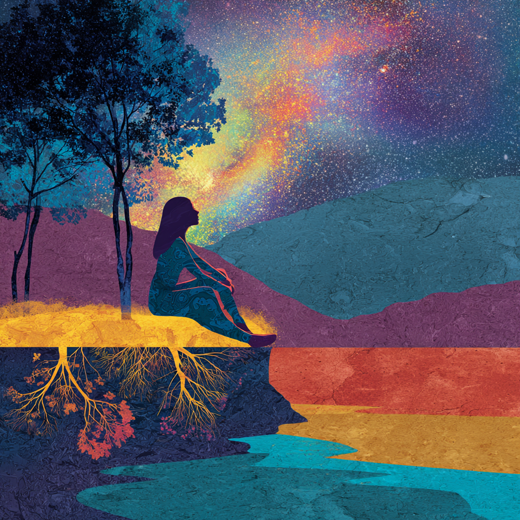 Woman sitting on a riverbank