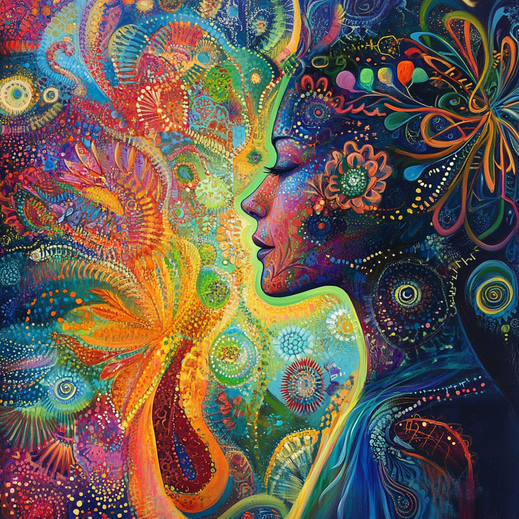 Woman with flowers in her hair, light and spirit in her chest